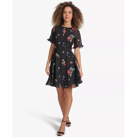 Kensie Black Dress Women's 16 Plus Size Embroidered Floral Chiffon Date Night - Picture 2 of 16